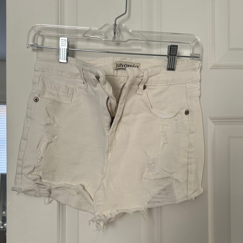 Luvamia Women's Cream Distressed Jean Shorts
